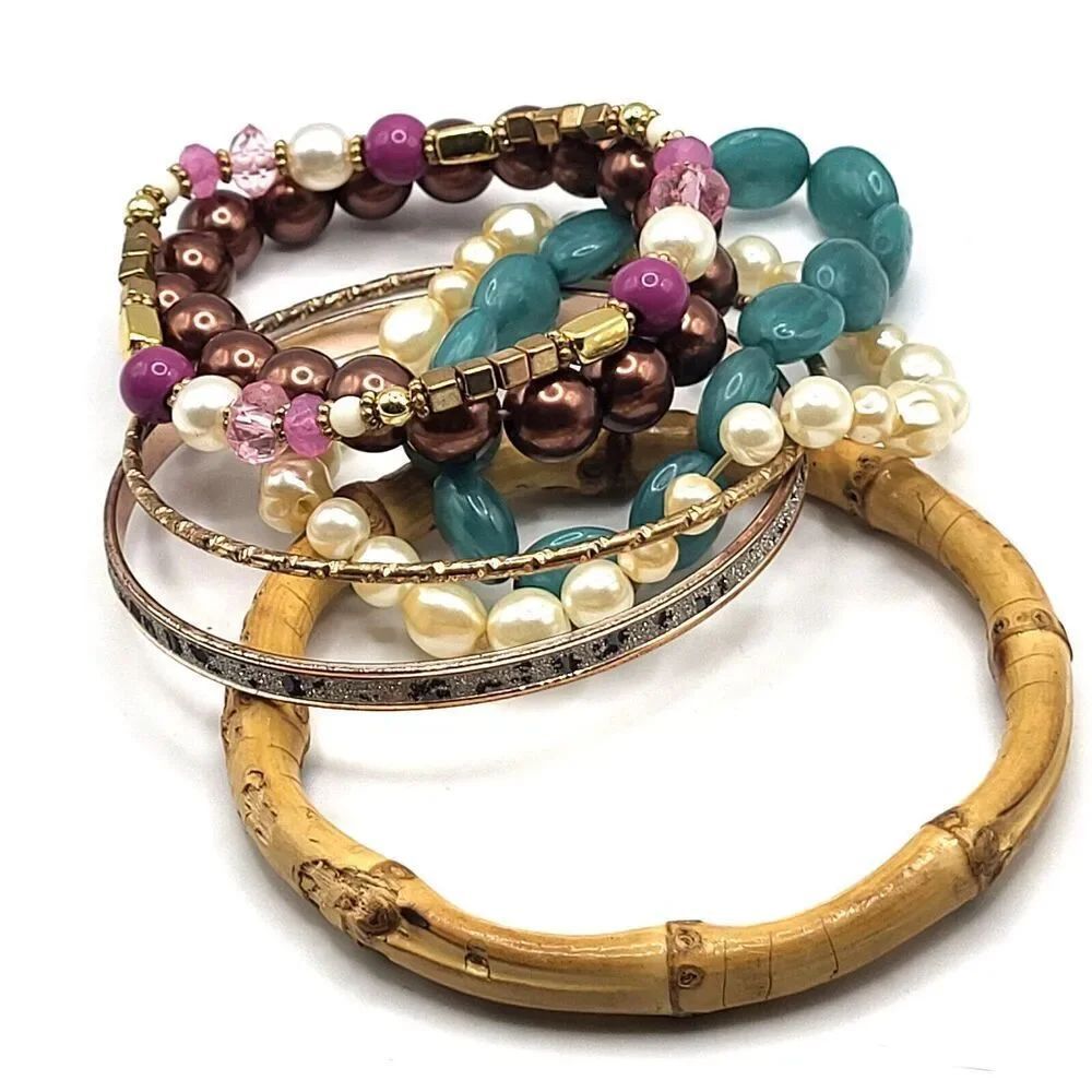 Lot of 7āBangle Bracelets Imitation Pearl Bamboo etc